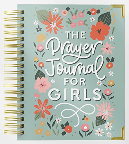 Spiral-bound Prayer Journal for Teen Girls with light green floral cover, gold binding, and decorative corner protectors