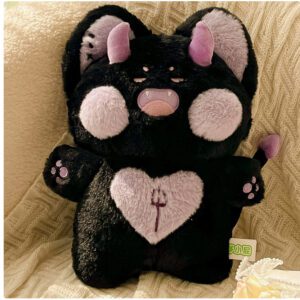Angel Fox Plushie in black with purple accents, horns, heart patch with trident symbol, and fierce expression.