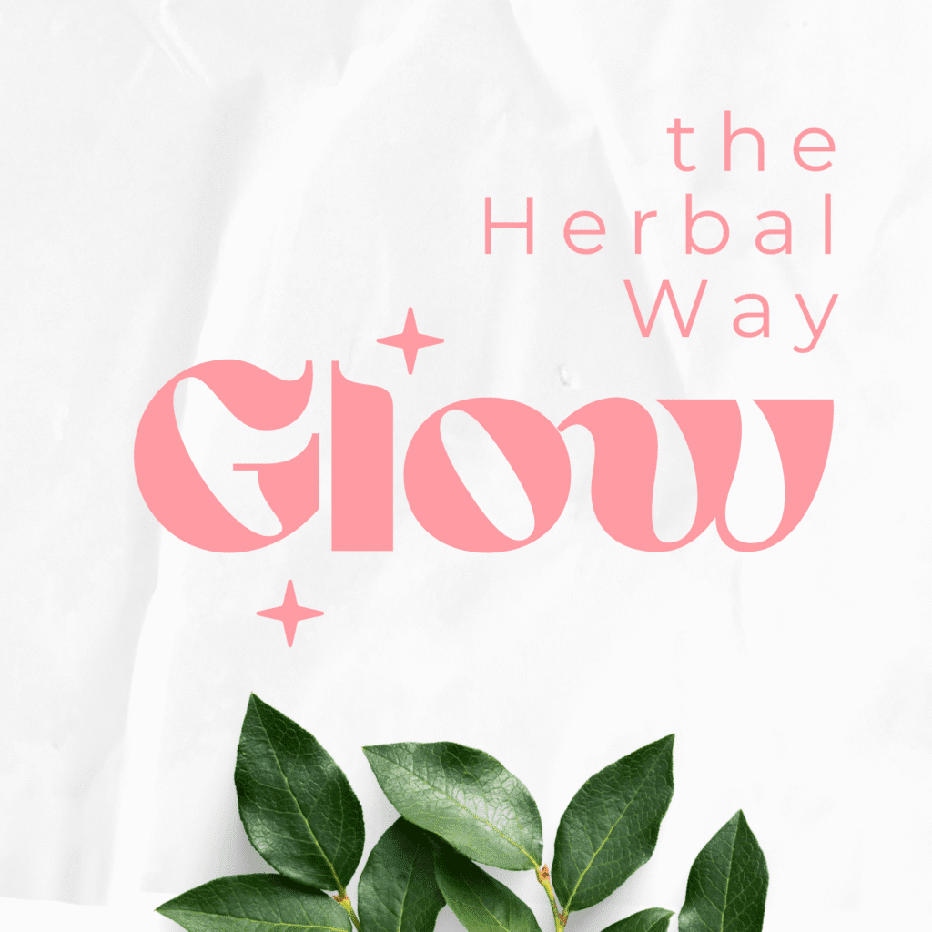 Minimalist white background with soft pink text reading “the Herbal Way Glow,” accented by pink star shapes and green leaves in the bottom corner.