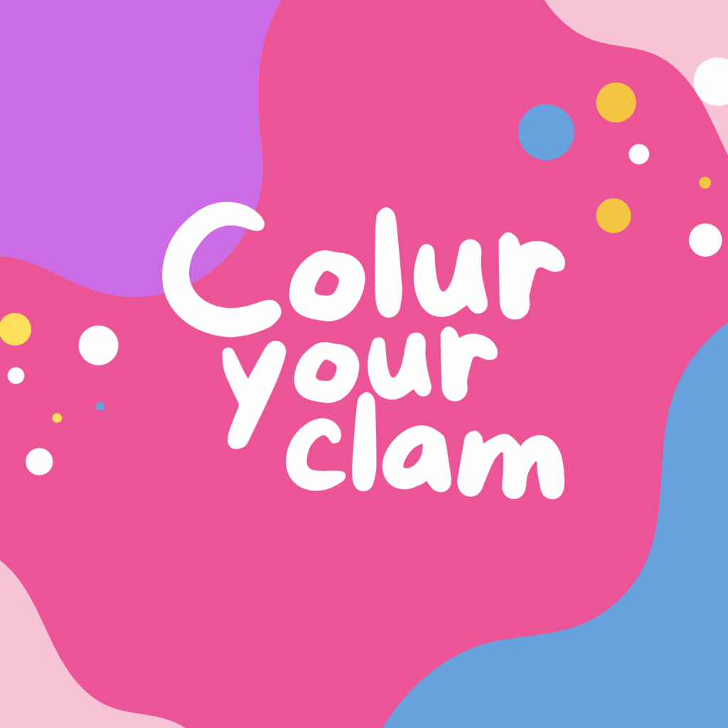Colorful abstract background with wavy pink, purple, blue, and peach shapes, scattered dots, and white text reading “Colur your clam.”