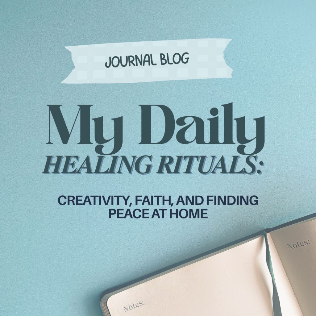 Light blue background with open journal labeled “Notes” and centered text about healing rituals.