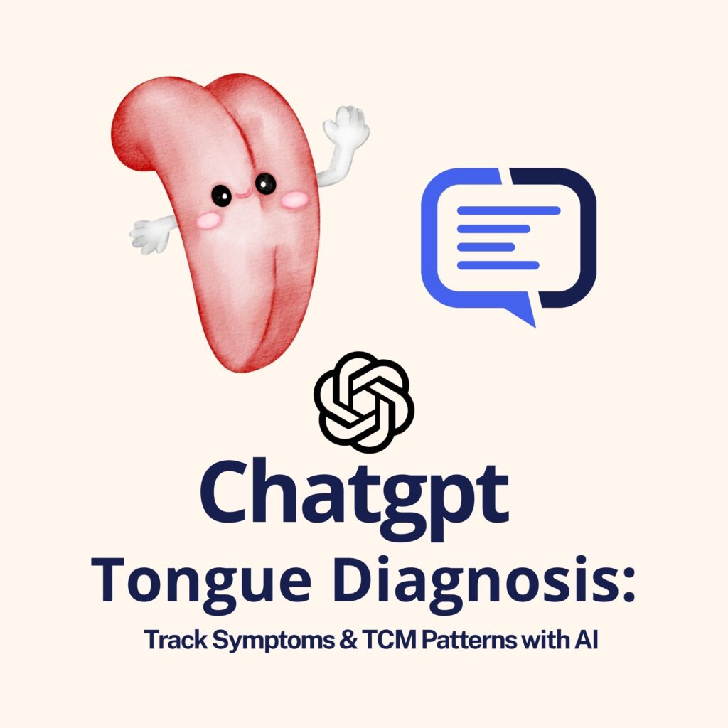 Cartoon tongue with eyes and arms next to speech bubble and ChatGPT logo, promoting AI-based TCM tracking.