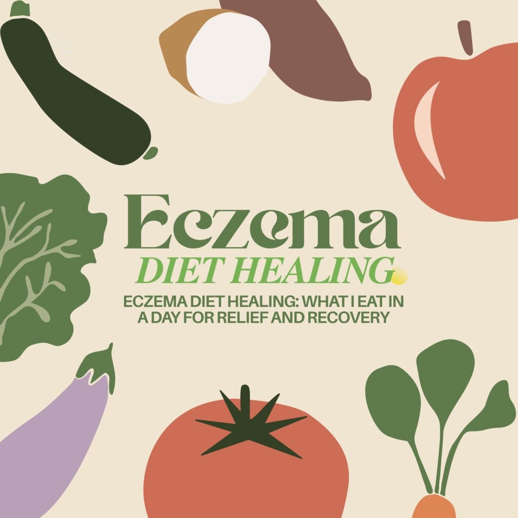 Flat illustration of fruits and vegetables surrounding text about eczema diet healing.