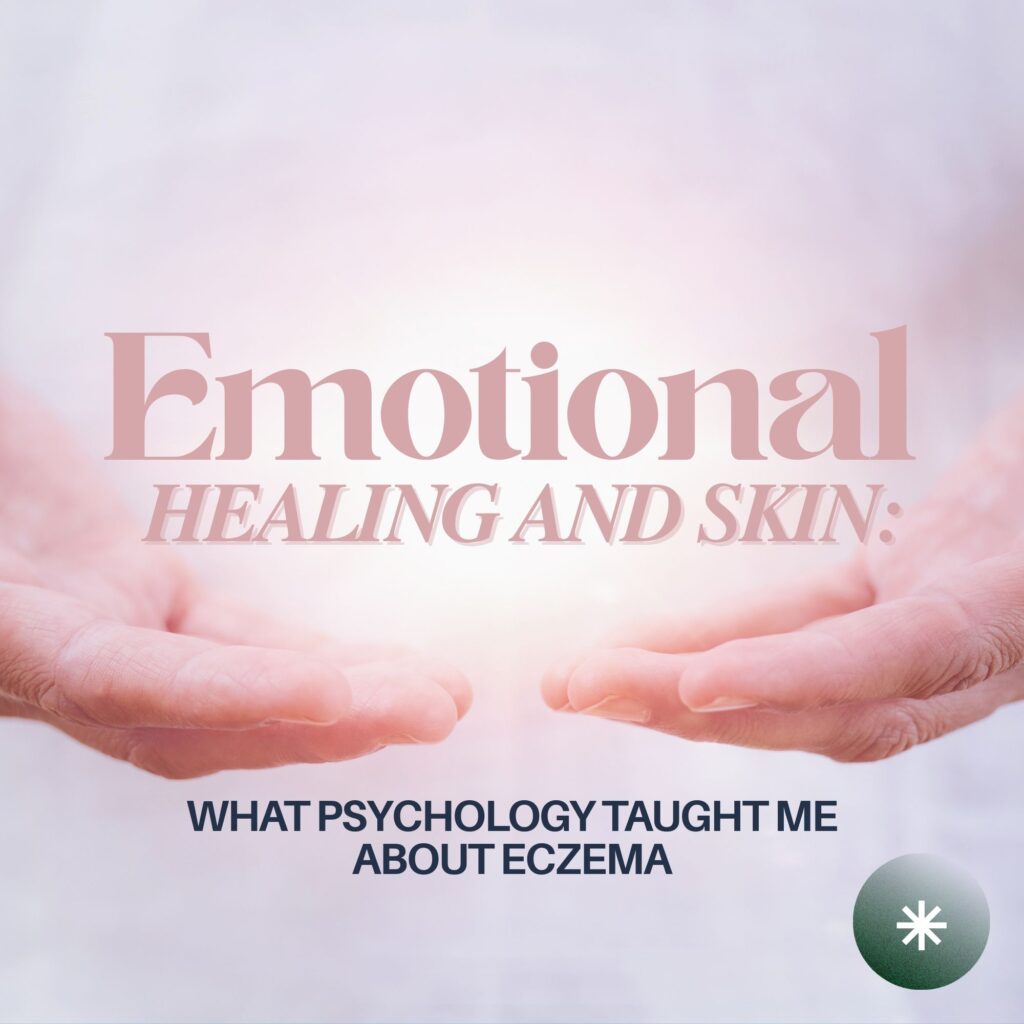 Open hands facing upward with glowing light between them, symbolizing emotional healing and skin health.