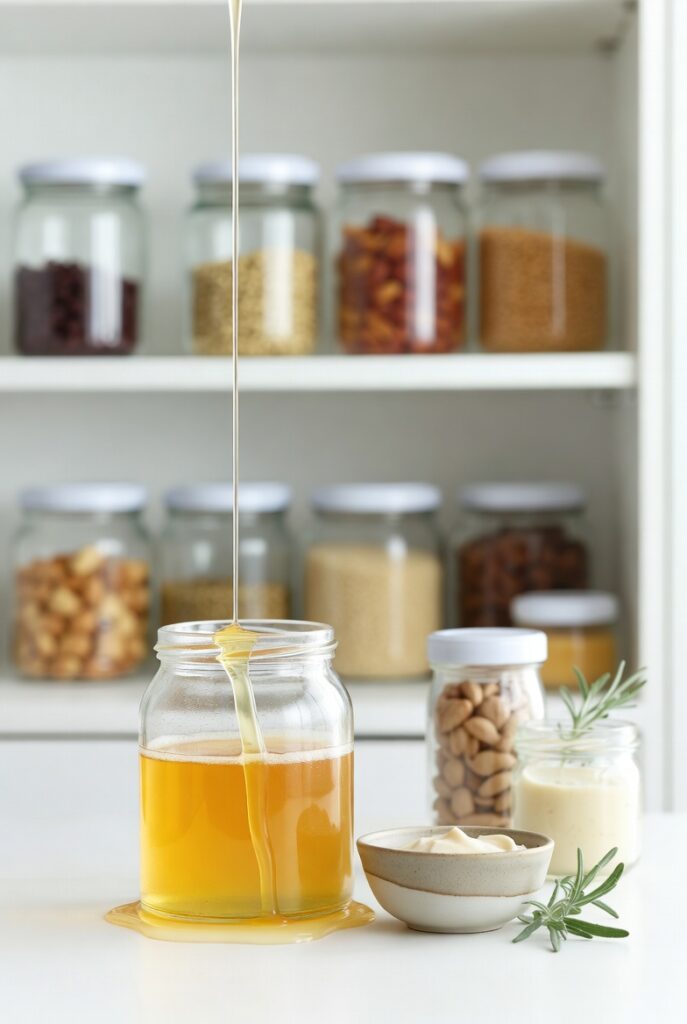 How I Built My Healing Pantry: Small Kitchen Lessons from Hong Kong 2 Golden honey slowly pouring into a glass jar surrounded by healing grains, seeds and herbs in a bright Hong Kong kitchen