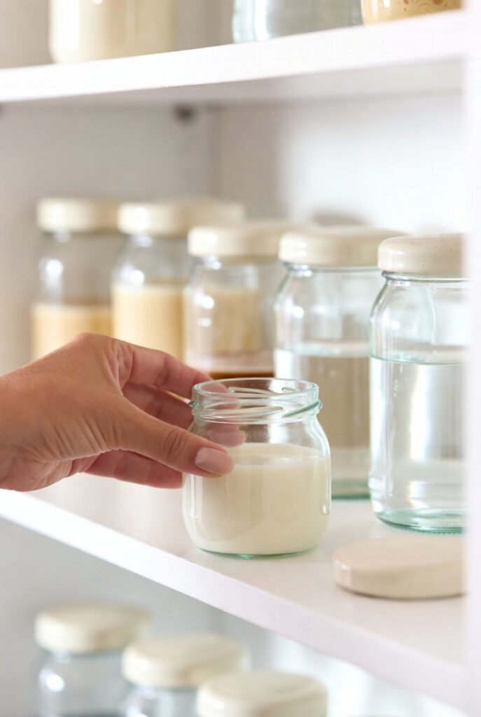 Foods I Had to Say Goodbye to for Eczema Relief: An Honest Journey 1 Hand selecting a glass jar of white liquid from a clean white pantry shelf, symbolizing intentional food choices for eczema relief
