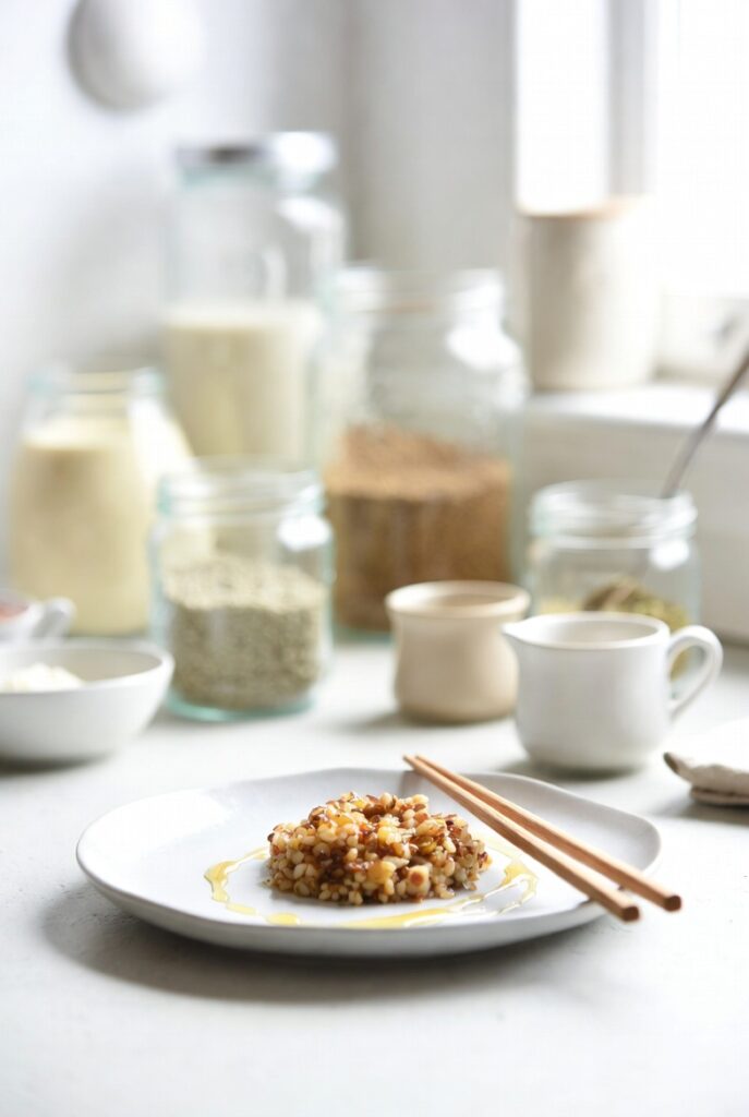 Eczema Diet Healing: What I Eat in a Day for Relief and Recovery 3 Minimal white plate with nourishing meal, wooden chopsticks and ceramic bowls in soft natural light, representing daily eczema-healing meals