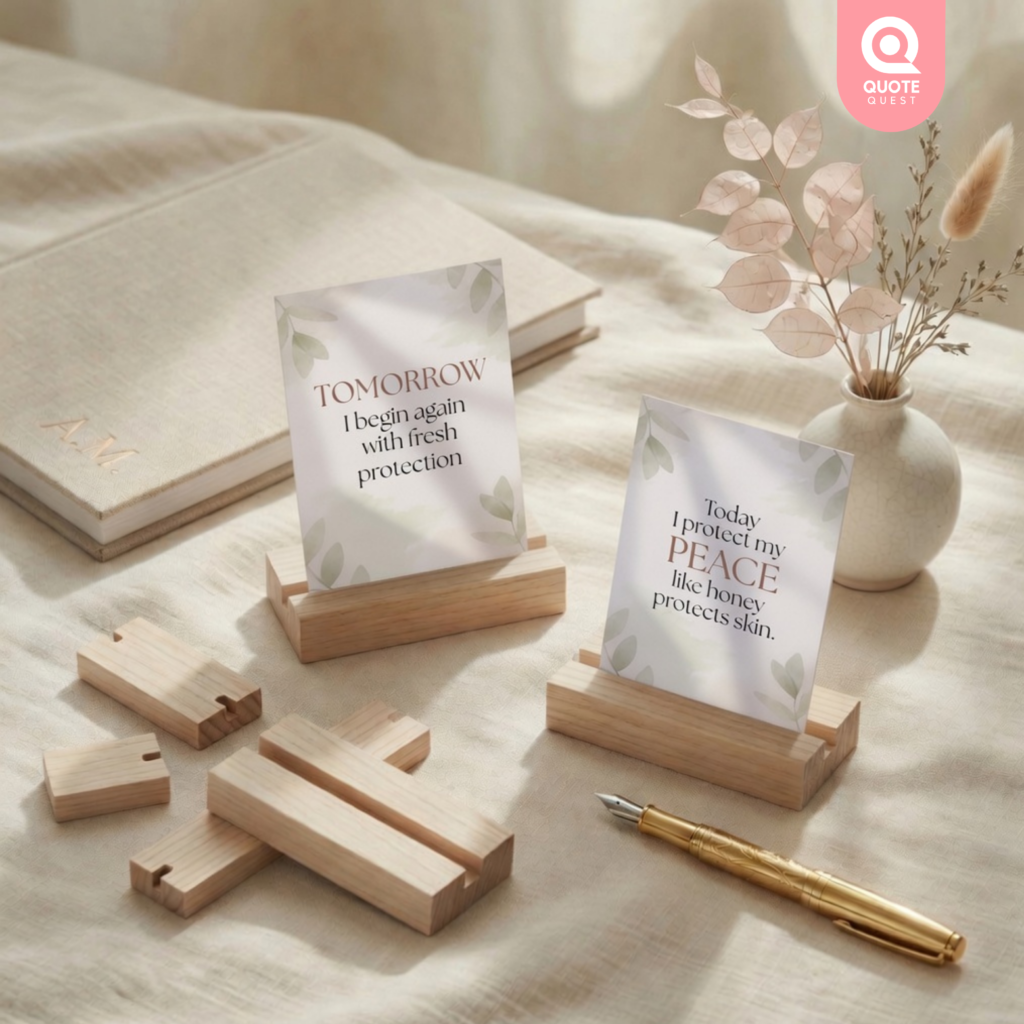 Serene flat lay of wooden card holders displaying inspirational quotes about fresh starts and protecting peace, styled with a beige notebook, gold fountain pen, and dried floral arrangement.