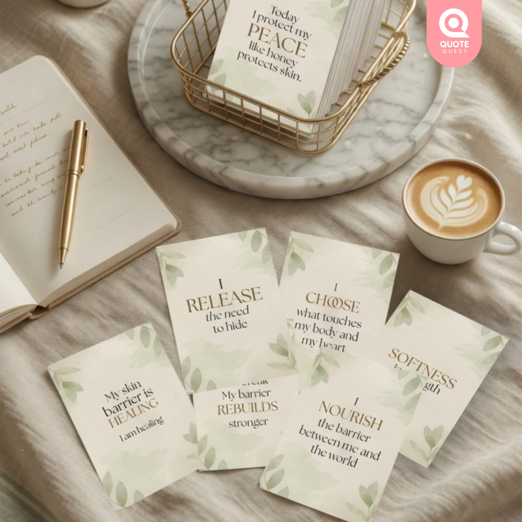 Flat lay of healing affirmation cards about skin barrier repair and self-protection, arranged with an open notebook, gold pen, latte art coffee, and marble tray on soft neutral fabric.