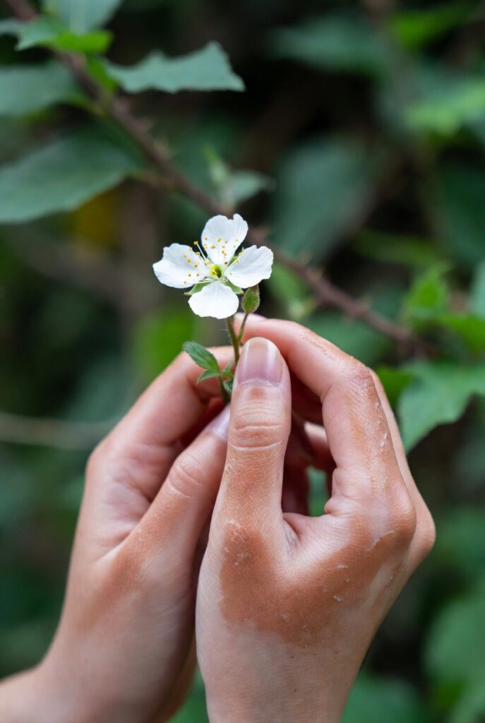 My Eczema Healing Journey: My Skin Is Not Crying Anymore… It Is Healing Slowly 1 Gentle hands with eczema holding a delicate white flower, symbolizing hope and slow healing in my eczema healing journey