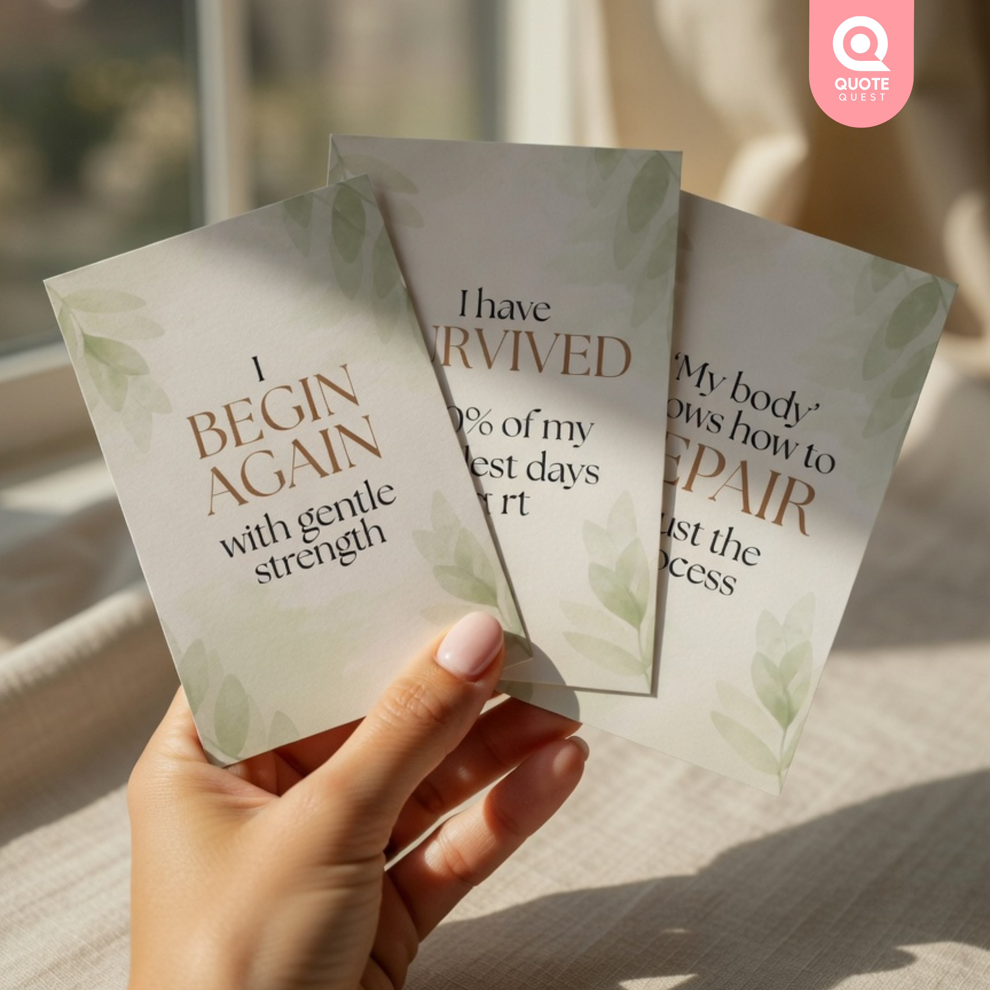Shifa Mini Bundle: 52 Eczema Affirmation Cards 2 Woman’s hand holding three inspirational affirmation cards about beginning again, survival, and body repair, captured in warm natural window light.