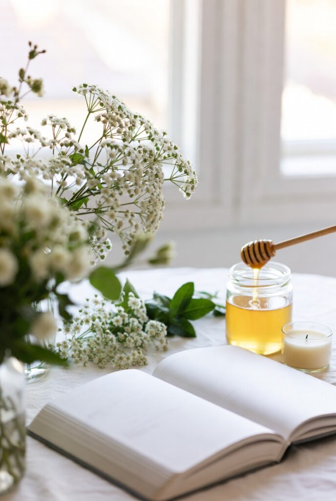 Elegant flat-lay with open notebook, fresh white wildflowers, glass honey jar and lit candle on linen, evoking daily healing rituals