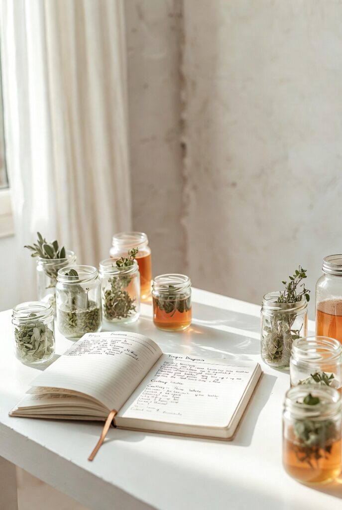 My Journey with Tech and Tea: Exploring Body Awareness in My Daily Planner 2 Collection of glass jars with dried herbs, honey, and an open notebook on a bright white table, representing tracking symptoms and TCM patterns