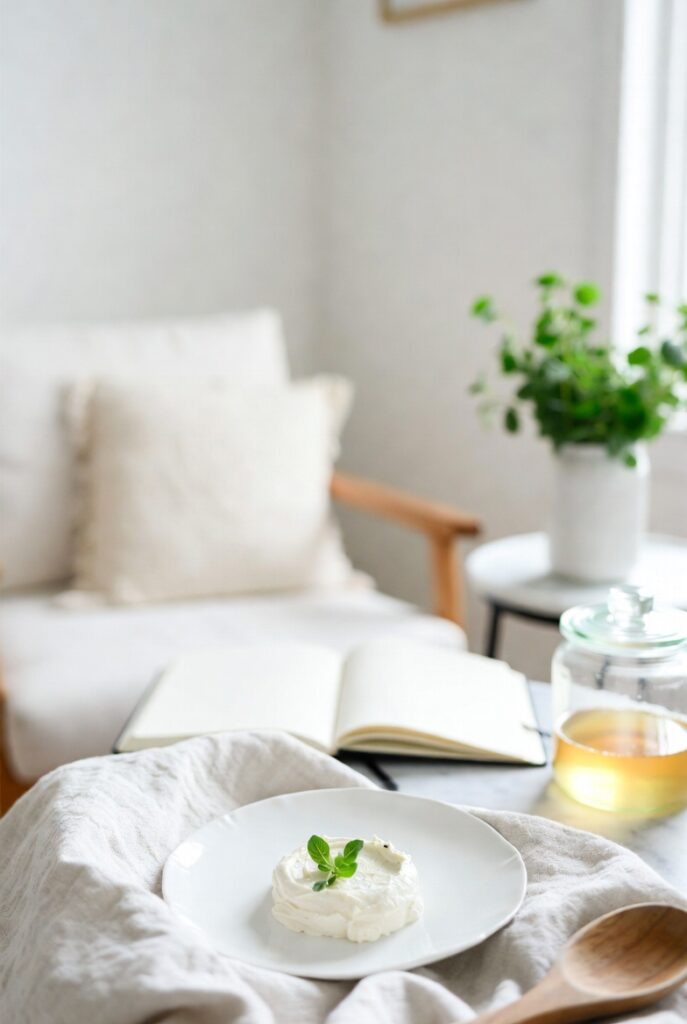 Cozy minimalist living room corner with white sofa, open book, linen throw, small plate with dessert and fresh mint, creating a healing sanctuary at home
