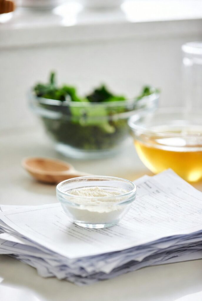 Beyond the Puzzle: How I Navigated My IgE and IgG Food Sensitivity Journey 2 Glass bowl of fresh greens, small bowl of white powder, honey, and health tracking papers on bright surface, representing food sensitivity exploration