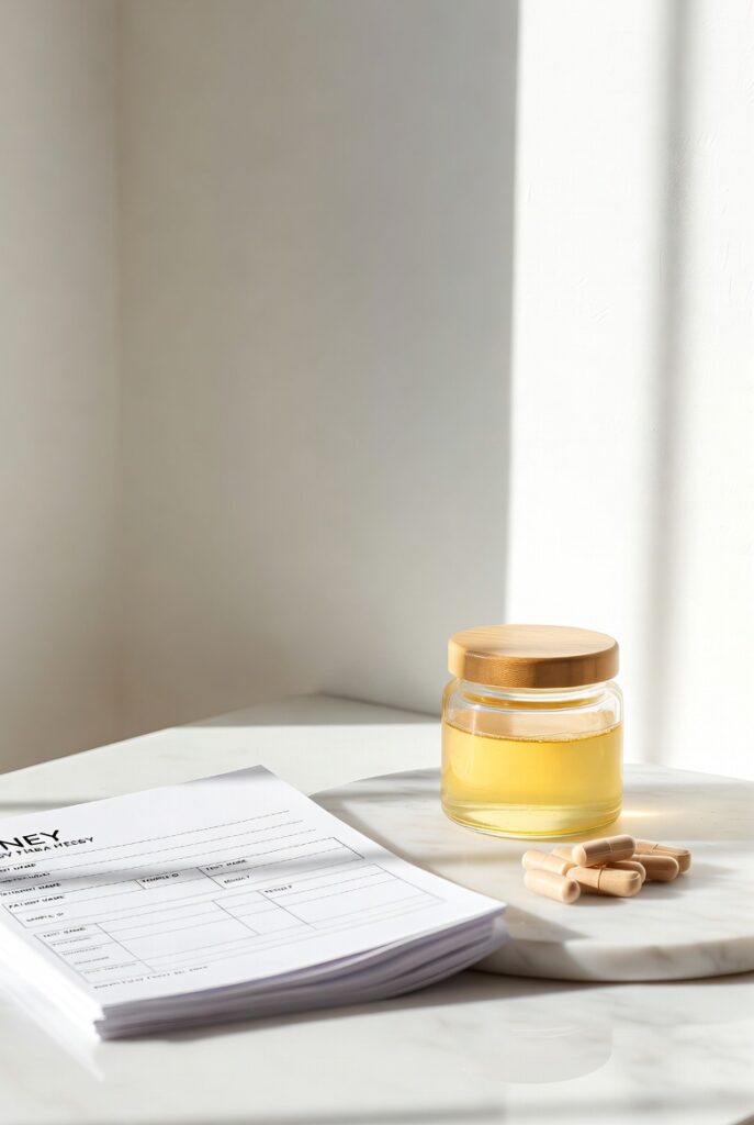Navigating My Eczema Journey: How I Used ChatGPT to Understand My OAT Test & Lab Data 1 Open notebook with health tracking sheets, glass honey jar and supplement tablets on marble surface in soft natural light