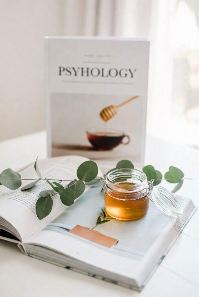 Emotional Healing and Skin: What Psychology Taught Me About Eczema 2 Open book with fresh eucalyptus, glass honey jar and “Psychology” book on white wooden surface in soft natural light, representing emotional healing and skin connection