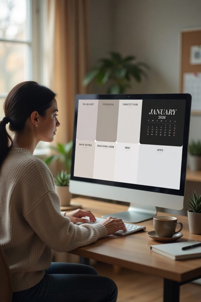 A woman in a cozy knit sweater sitting at a wooden desk, working on a computer displaying a clean productivity planner and January 2026 calendar, with coffee and plants nearby.