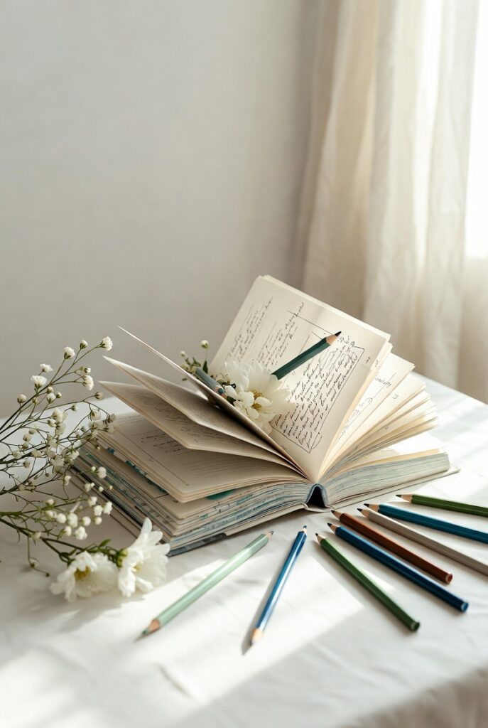 Journaling My Mood: From Doodling to Coloring 3 Open journal with handwritten pages, delicate white flowers, colored pencils and soft sunlight on linen, evoking mindful mood tracking and creative healing