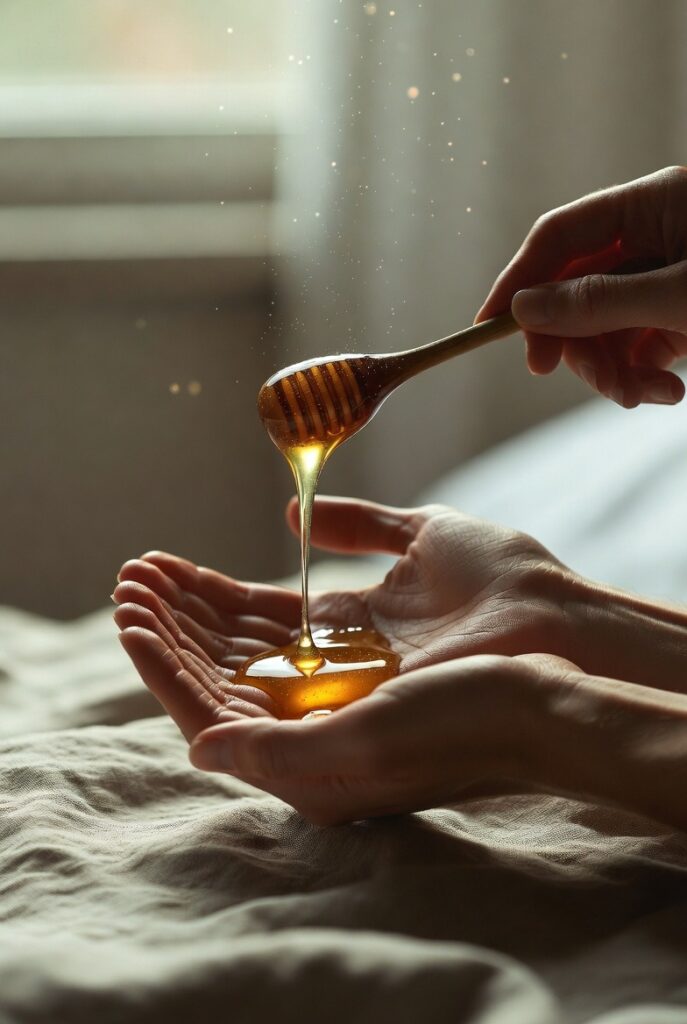 A pair of hands gently pouring golden honey from a wooden honey dipper into an open palm, with warm sunlight and sparkling particles creating a serene and nurturing atmosphere.