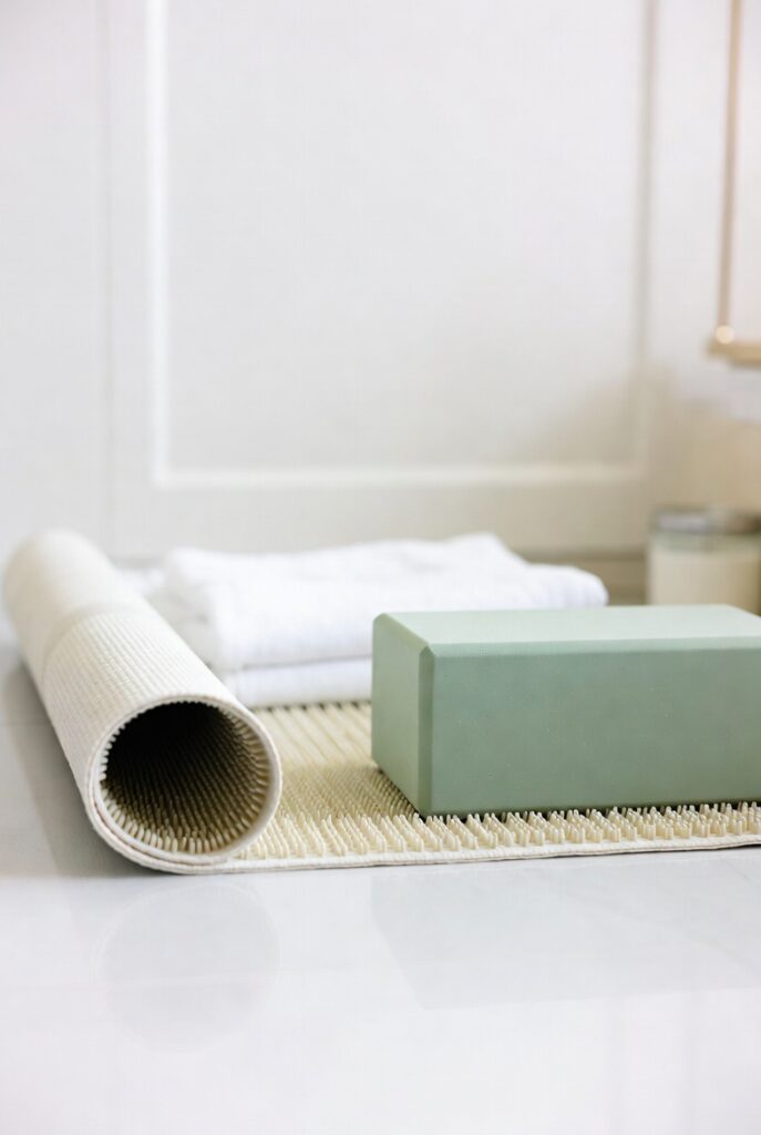 Rolled yoga mat, sage green yoga block and folded white towels on a woven mat in bright, minimalist space, symbolizing gentle movement for health