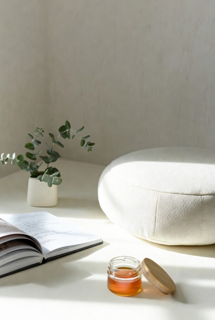 Minimal white surface with open book, small glass jar of honey, eucalyptus leaves and meditation cushion in soft natural light, representing calm for sensitive skin