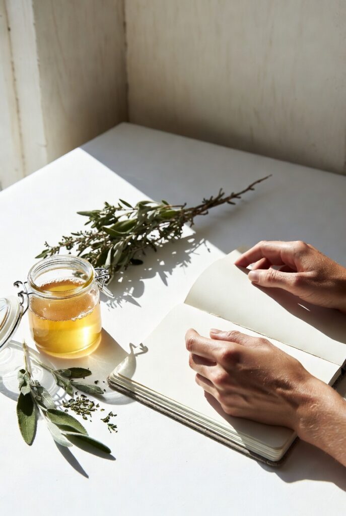 When I Started & Why: The Breaking Point 3 Person’s hands gently writing in an open notebook beside a glass honey jar and fresh herbs on a sunlit white table, symbolizing the start of a healing journey